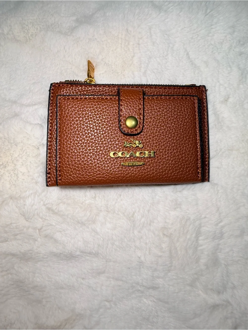 Coach Brown Pebbled Leather Card Wallet with Gold Hardware